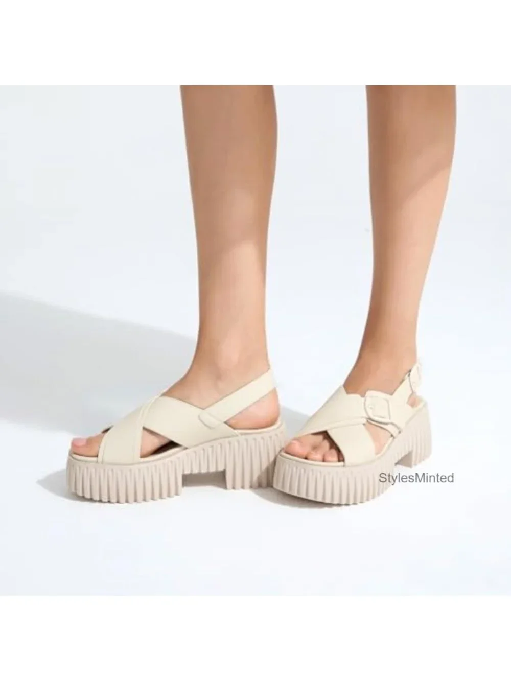 Women Platform Wedge Sandals with Arch Support PU Leather Crisscross Straps